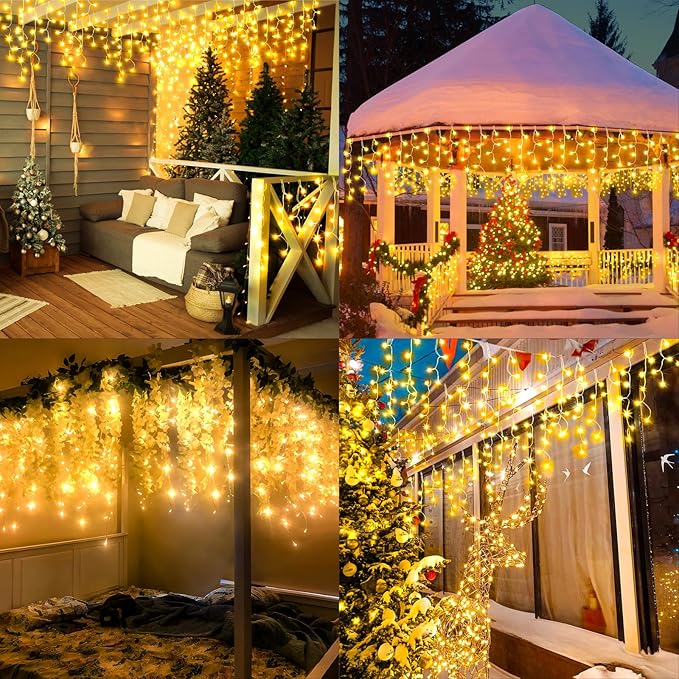 KNONEW Christmas Lights Outdoor Decorations 400 LED 33ft 8 Modes Curtain Fairy String Light with 75 Drops, Clear Wire LED String Light Indoor Decor for Wedding Party Christmas Decorations Warm White