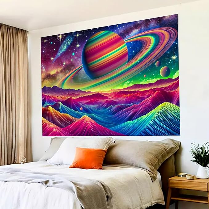 BlissYard Psychedelic Saturn Landscape UV Black Light Tapestry 78x59 Inches Art Color Neon Light Background Bedroom Living Room Wall Party Decoration Galaxy Planet Ringed Space Mountain Sci-Fi Scene