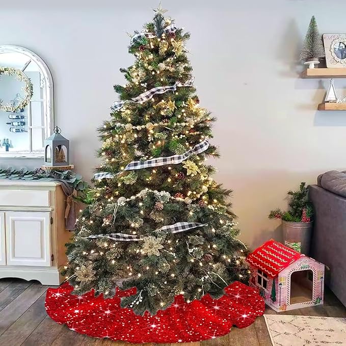 MODFUNS Sequin Christmas Tree Skirt Red Tree Skirt 46 Inch Sparkly Christmas Tree Skirt Thick Velvet Tree Mat Large Sequins Tree Skirts Collar Shimmer Tree Skirts for Christmas New Year Party