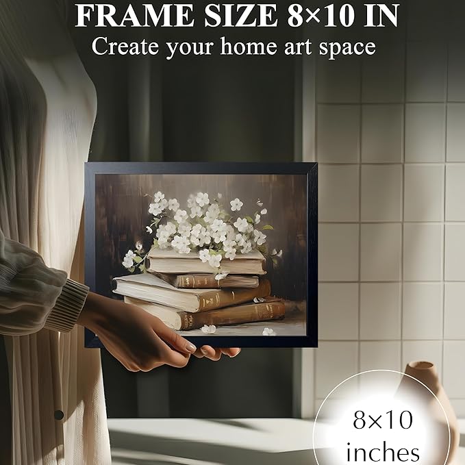 Wood Framed Canvas Poster Print Wall Art, Vintage Floral Book Wall Decor Oil Painting, Dark Academia Room Aesthetics Picture for Bathroom Classroom Dormitory room Decor 8x10 inch