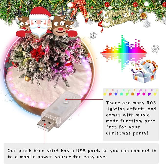 35 Inch Faux Fur Christmas Tree Skirt with Lights Soft Snow White Plush Tree Mat Christmas Decorations Fluffy Tree Skirts Xmas Holiday Party Indoor Decorations