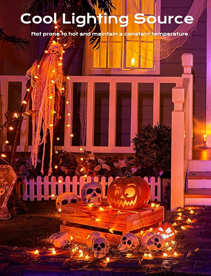 Brightown Solar Operated C6 Halloween Outdoor Lights, 22.64ft 50 LEDs Orange Halloween Lights, Strawberry LED Fairy Lights, Solar Waterproof String Light for Tree, Garden Decor Outdoor Decorations