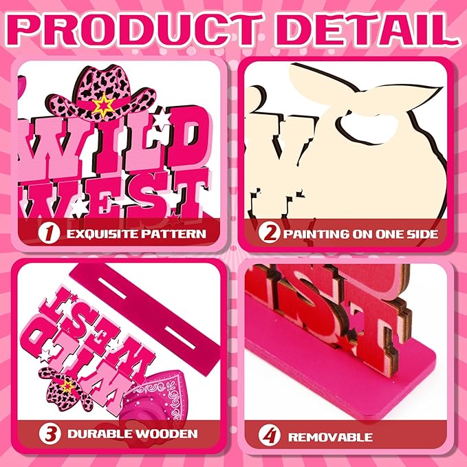 6 Pcs Disco Cowgirl Party Decorations Pink Let's Go Girls Bachelorette Table Decorations Western Cowgirl Wooden Centerpieces for Last Disco Birthday Western Rodeo Party Supplies