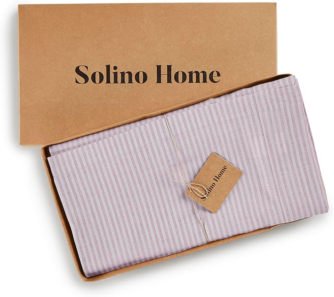Solino Home Linen Tablecloth 60 x 108 Inch - Narrow Stripe 100% Pure Linen Pink and White Table Cloth for Rectangle Tables - Machine Washable Tablecloth for Halloween