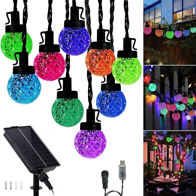 Solar LED String Lights for Outside,39.4FT 8Modes Crystal Globe Fairy String Lights Waterproof USB Plug for Garden Patio Christmas Tree Fence Indoor&Outdoor Party Decor(Pineapple Multicolor)