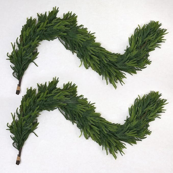 6FT Artificial Norfolk Pine Garland 2 Pack – Dense Green Christmas Garland, Real Touch Holiday Greenery for Front Door, Fireplace Mantel, Staircase, Indoor Outdoor Home Decoration