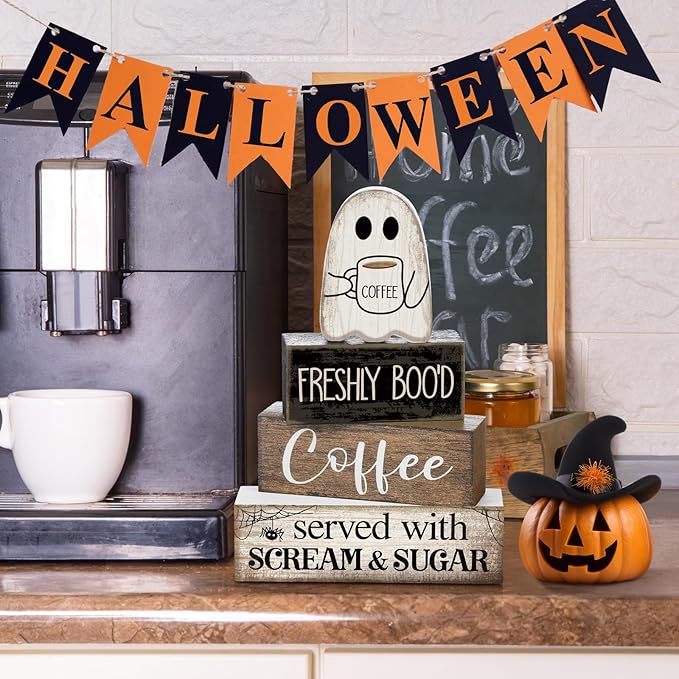 4 Pcs Halloween Table Decor Coffee Ghost Wooden Sign Halloween Tiered Tray Decor Farmhouse Ghost Tabletop Centerpiece Decorative Coffee Bar Block Signs for Home Office Kitchen Shelf