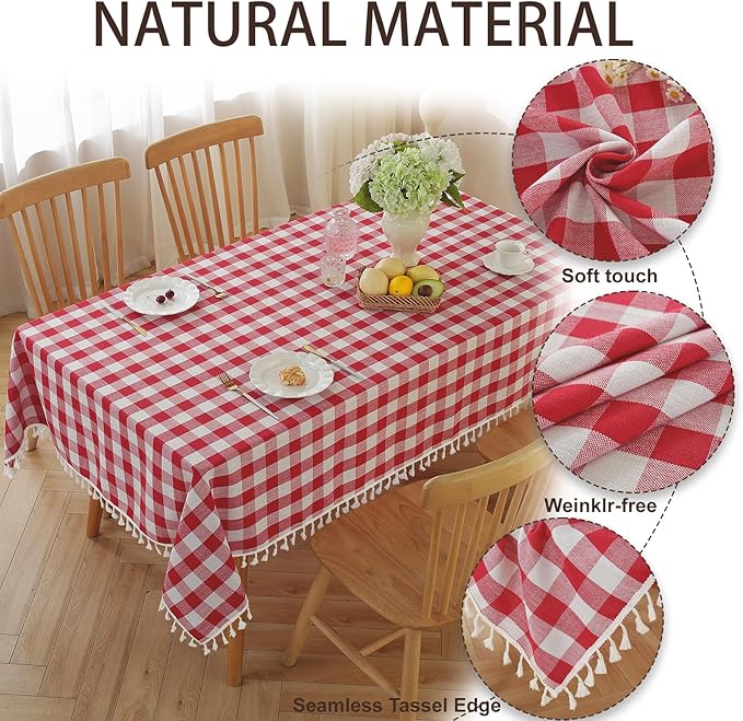 JIALE Gingham Tablecloth Rectangle Cotton Linen Fabric Checkered Table Cloth with Tassel Washable Wrinkle Free Buffalo Plaid Table Cover for Outdoor Party Picnic Kitchen Dining, Red,55x120