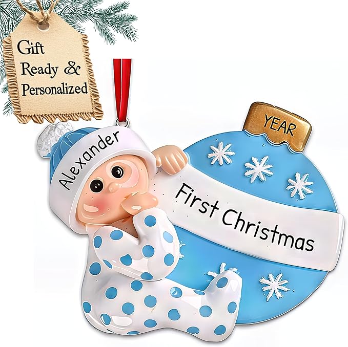 3D Personalized Babys First Christmas Ornament 2025 Boy | Baby's First Christmas Ornament 2025 Baby Ornaments for Xmas Tree My 1st Xmas Ornaments for Couples New Parents - Blue Polka Dot Baby Boy