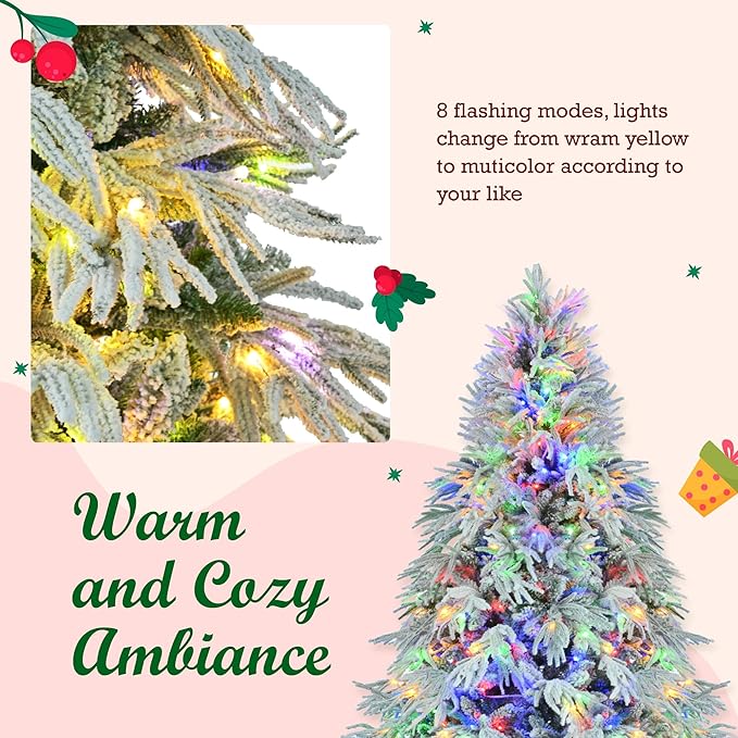 7.5FT Pre-Lit Spruce Snow Flocked Artificial Christmas Tree - Xmas Tree for Christmas,350 Multi-Color LED Lights and 1389 Branch Tips, Xmars Trees for Home Office Christmas Decor