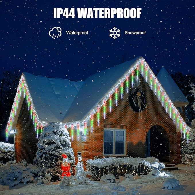 Brightown Christmas Meteor Shower Icicle Lights Outdoor, 30ft with 30 Tube 720 LED Dropping Effect, Waterproof Decorations for House Eave Roofline, Multicolor
