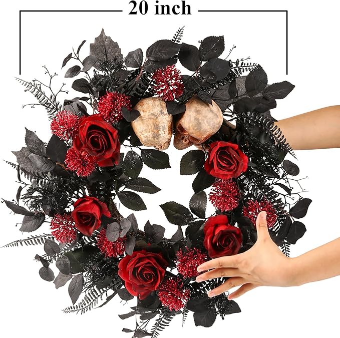 20" Halloween Wreaths for Front Door, Black Eucalyptus Leaves with Glitters, Red Roses, Skull, Gothic Wreath Horror Room Decor