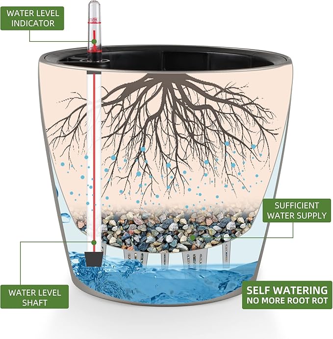 Dexceder 9x8 Inches Self Watering Planter Metallic Matte Indoor Outdoor, Inner Pot Design, Thickened Table Flower Plant Pot with Water Level Indicator (Smoky Gray)