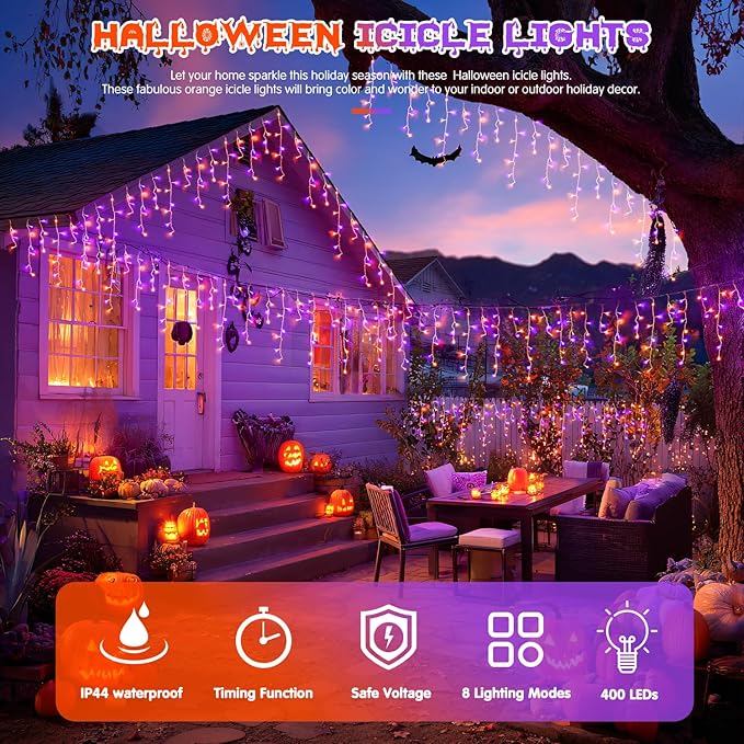JMEXSUSS 400 LED Orange and Purple Halloween Lights Outdoor, 38.8 FT Orange and Purple Icicle Light Outdoor Waterproof, 8 Modes Halloween Lights Plug in for House Christmas Party Decorations