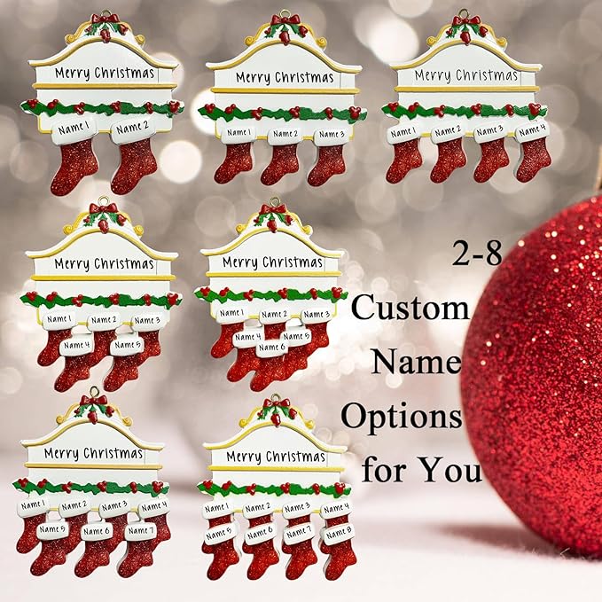 2025 Personalized Christmas Ornaments Family of 2/3/4/5/6/7/8,Custom Christmas Stoking Ornaments Deorations with Names,Customized Xmas Ornament Tree Deorations,Personalized Christmas Ornament Gifts