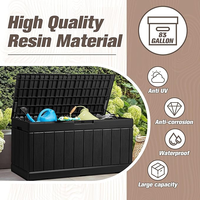 JUMMICO 83 Gallon Outdoor Deck Box Large Resin Storage Box for Patio Furniture Cushions and Garden Tools (Black)