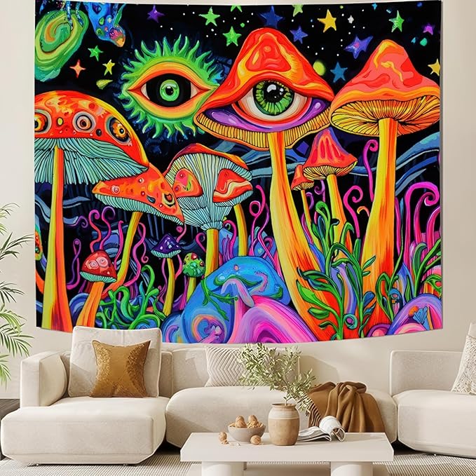 BlissYard Blacklight Tapestry Mushrooms Tapestry for Bedroom Uv Reactive Tapestry 78x59 Inches Cosmic Mushrooms Wall Hanging, Fluorescent Art Decoration with Eyes, Stars, and Psychedelic Design