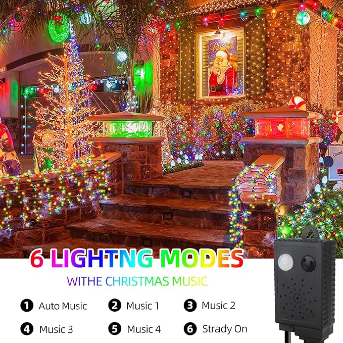 Music Motion Sensor Christmas String Lights 105FT 300 LED，Multicolour Christmas Tree Lights，End to End Plug In 6 Modes Decorative Light, No Timer；Waterproof for Indoor Outdoor Tree Party Decor