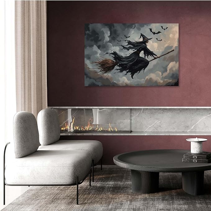 JFHCQJPK Witch and bat flying Halloween poster suitable for home party wall decoration retro Halloween preppy style wall art canvas print suitable for room decoration12x16in Frameless