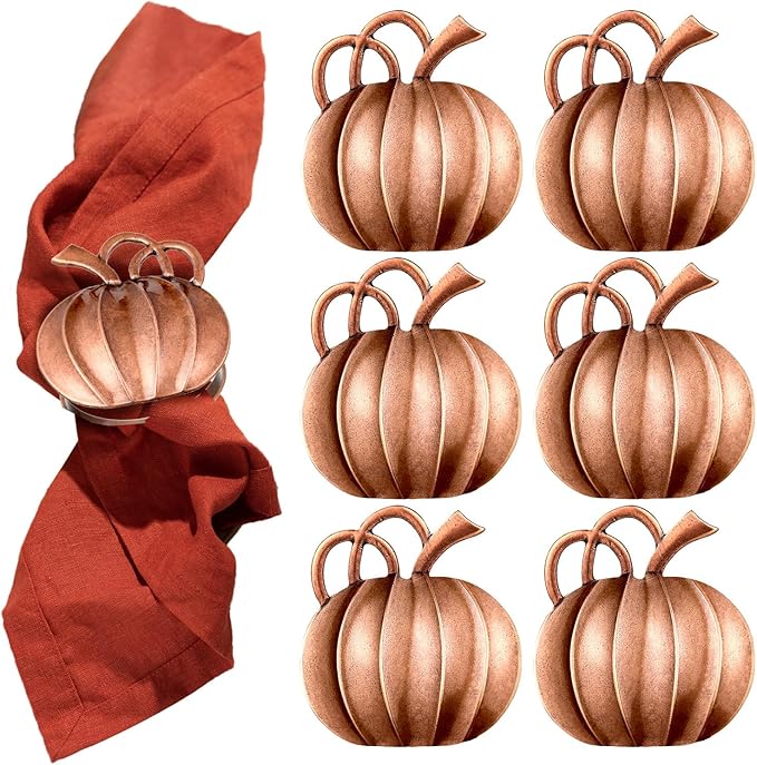 Patelai 6 Pieces Pumpkin Napkin Rings Fall Napkin Holders Thanksgiving Halloween Dinner Tables Rings for Thanksgiving Dinner Party Weddings Family Gatherings (Bronze)