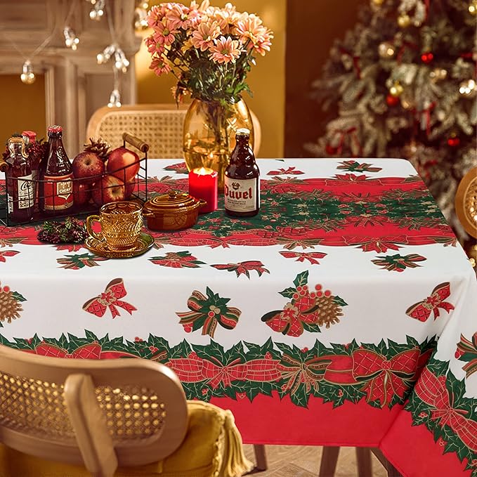 LUSHVIDA Christmas Tablecloth Rectangle - 60x120 inch Holly Ribbon Pattern Washable Wrinkle Resistant Holiday Tablecloths for Christmas Family Gathering, Dining Room Table 130GSM