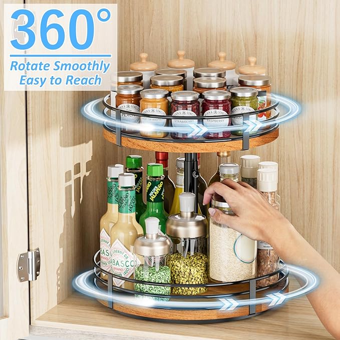 Lazy Susan Turntable Organizer Adjustable - 2 Tier Wood Rotating Spice Rack 12 Inch Lazy Susan for Kitchen Countertop Cabinet Pantry Cupboard Dining Table Bathroom Coffee Bar Home Storage