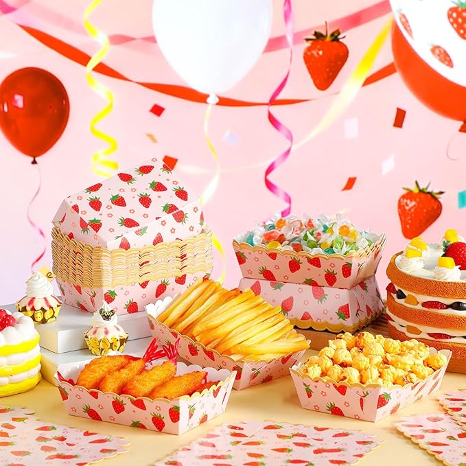 48 Pcs Strawberry Paper Food Trays for Strawberry Party Decoration Berry Food Boat Nacho Trays Disposable Snack Holder for Berry First Birthday Baby Shower Party Supplies