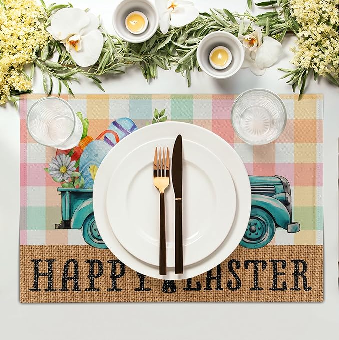 Happy Easter Placemats Set of 4 Pink Yellow Blue Buffalo Plaid Truck Eggs Daisy Easter Table Mats Spring Seasonal Linen Place Mat Washable Place Mats for Party Kitchen Dining Outdoor Indoor Decor