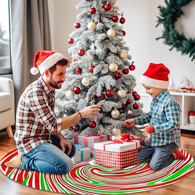 36" Red and Green Swirl Christmas Tree Skirt Sweet Peppermint Candy Tree Mat Base Cover for Xmas Festive Holiday Party Decoration Ornaments