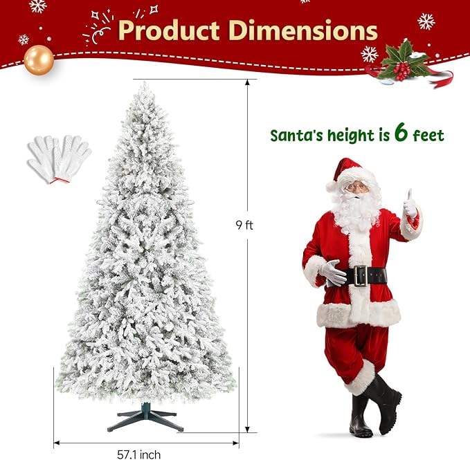 9ft Pre-Lit Snow Flocked Rotating Christmas Tree with 600 Multi-Color LED Lights, 2512 PE & PVC Tips - Realistic Artificial Tree for Holiday Decor