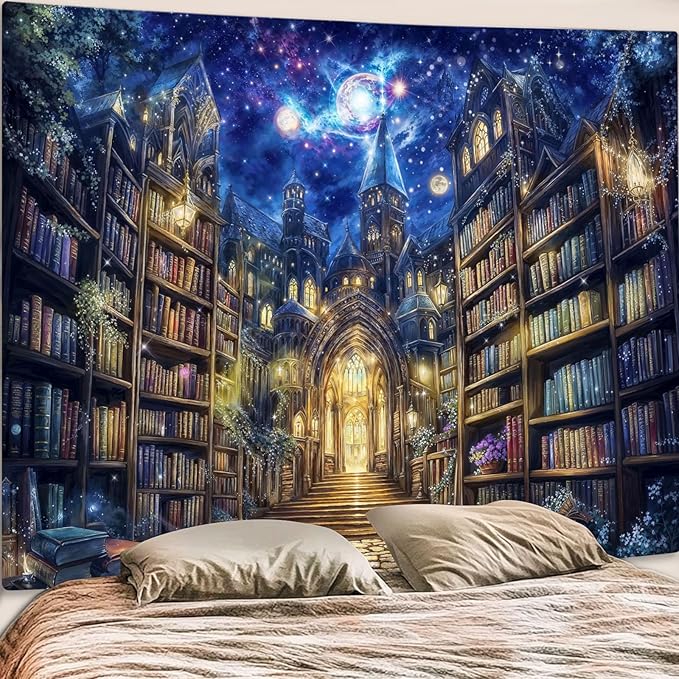Accnicc Fantasy Bookshelf Tapestry Space Library Tapestries Wall Hanging Gothic Galaxy Castle Magic Book Large Tapestry for Bedroom Living Room Dorm Classroom 80 x 60 inch