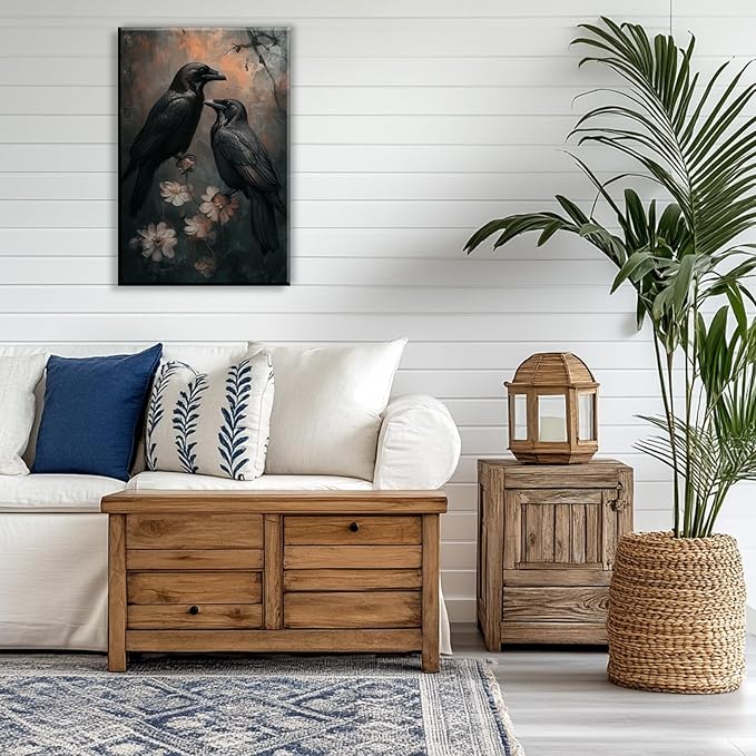 OAAPITI Birds Canvas Wall Art Black Couple Crow Picture Print Vintage Gothic Raven Artwork for Living Room Halloween Home Wall Decor(Artwork-7,20"x30")