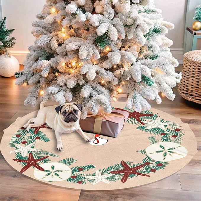 48" Large Christmas Tree Skirt, Coastal Rustic Beach Christmas Holiday Starfish Pattern Tree Mat Base Cover for Xmas Festive Holiday Party Decoration Ornaments