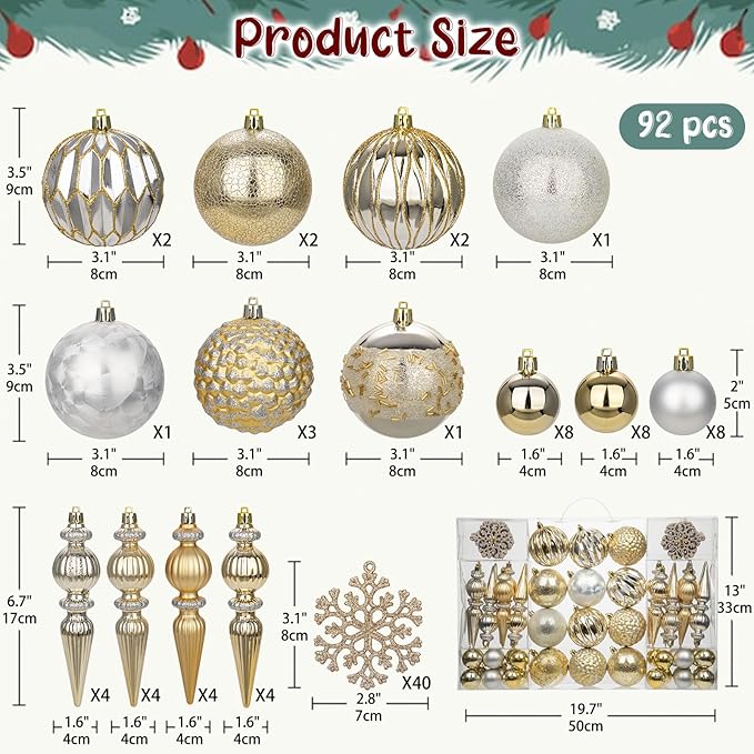 92ct Christmas Tree Decoration Set Christmas Ball Ornaments with Srtings Shatterproof Christmas Baubles for Christmas Holiday Wreath Garland Party Decoration, Gold-Silver