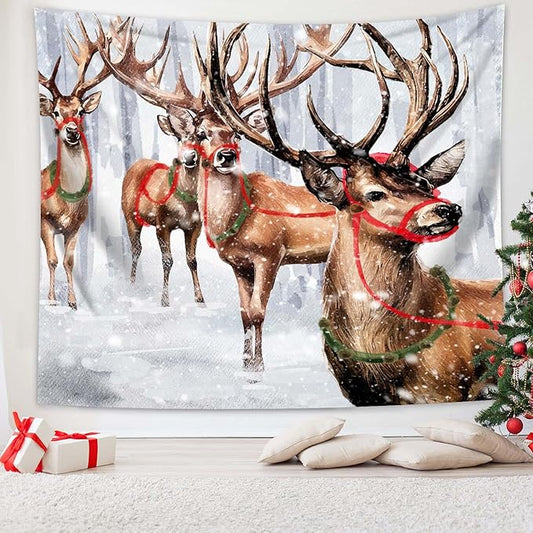 QGHOT Winter Tapestry Wall Hanging Winter Forest Backdrop Christmas Snowy Deer Wall Decor Snow Elk Tapestries for Bedroom Living Room Dorm Party Decoration, Extra Large