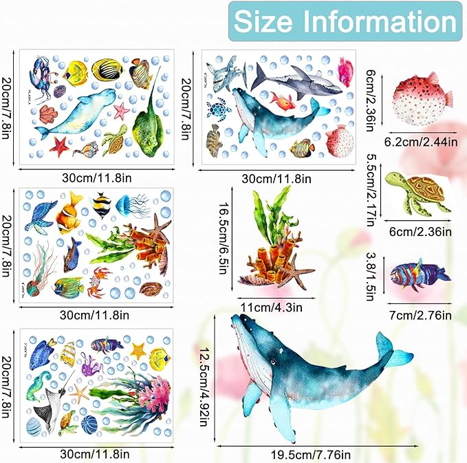 Glow in The Dark Ocean Wall Decals, 4 Sheets Underwater Sea Animal Stickers (Dolphin, Turtle, Jellyfish), Self-Adhesive Kids Bedroom Decor for Boys & Girls, Blue Glow Nursery Wall Art (7.8x11.8in)