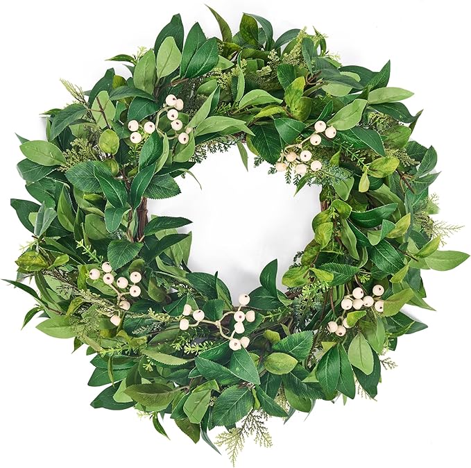 GENMOUS 24 Inch Christmas Wreaths for Front Door, Green Cypress Leaves Wreath with Cedar Laurel White Berries, All Season Indoor Outdoor Wedding Holiday Christmas Home Wall Door Porch Decor