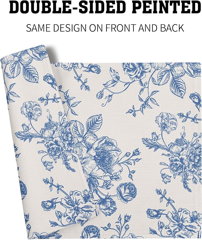 Blue Floral Placemats Set of 4 Vintage Flower Blue and Cream Washable Non-Slip Heat Resistant Place Mats 12x18 Inch Spring Summer Linen Table Mats for Kitchen Dining Party Decor