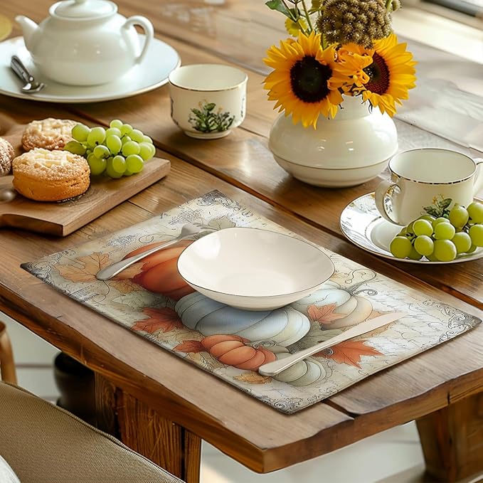 Fall Pumpkin Placemats Set of 4 Vintage Autumn Maple Leaf Seasonal Place Mats 12x18 Inch Thanksgiving Farmhouse Linen Fabric Table Mats for Party Kitchen Dining Outdoor Indoor Decor