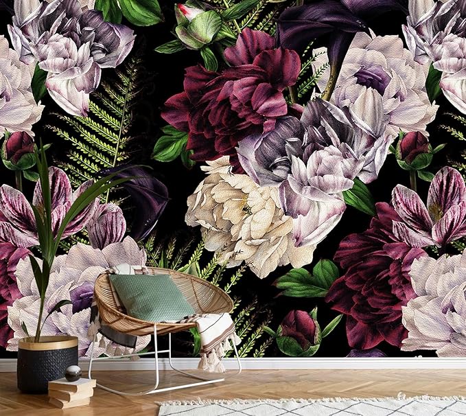 AFZEVEB-Purple Peony Wallpaper Watercolor Floral Wall Mural for Bedroom 159"x107"(Not Peel and Stick)