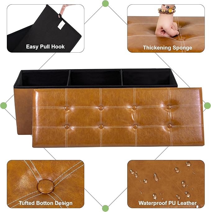 43 Inches Folding Storage Ottoman Bench, PU Leather Storage Chest, Footrest Padded Seat for Bedroom and Hallway, Holds up to 660 lbs, Light Brown