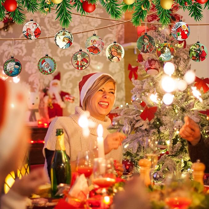 48-Piece Vintage Wood Christmas Tree Ornaments - Santa, Snowman & Retro Decor