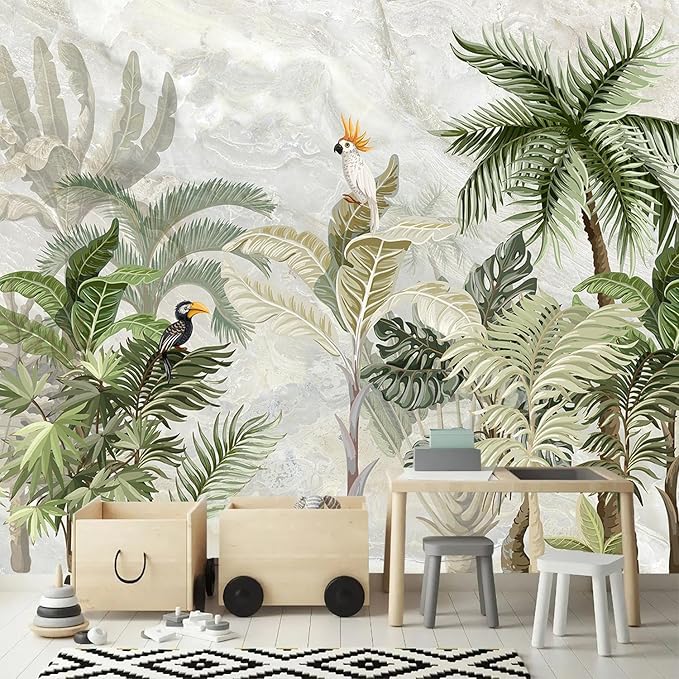 AFZEVEB-Green Forest Nursery Wallpaper Tropical Parrots Wall murals for Kids Room 159"x107" (Not Peel and Stick)