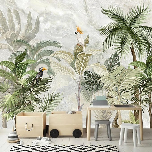 AFZEVEB-Green Forest Nursery Wallpaper Tropical Parrots Wall murals for Kids Room 114"x74" (Not Peel and Stick)