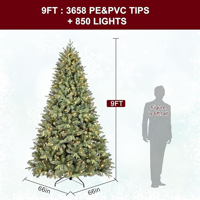 9FT Pre-Lit Artificial Christmas Tree with 3658 PE&PVC Mixed Branch Tips, 850 Warm White Lights, Hinged Premium Spruce Fake Xmas Trees, Green, Foldable Base