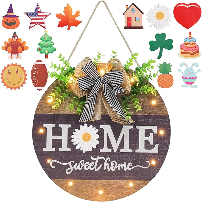 Interchangeable Welcome Sign for Front Door with 14 Changeable Icons, Farmhouse Front Porch Decor Rustic Wooden Wall Sign with 12 LED Lights, Outdoor Seasonal Welcome Home Decorations (Wood home1)