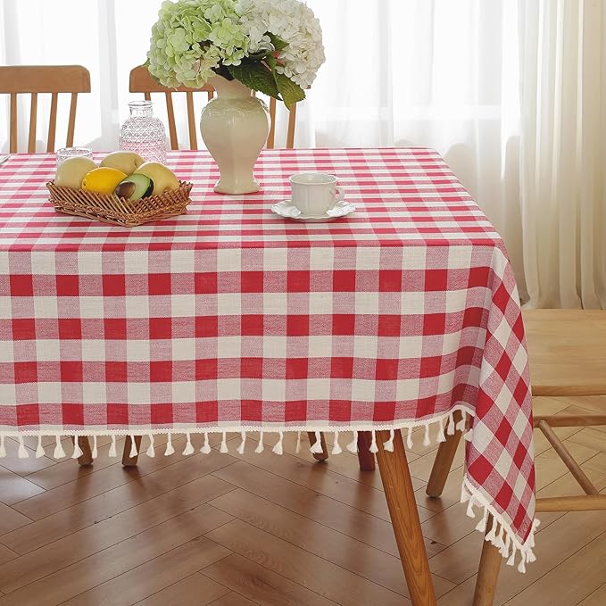 JIALE Gingham Tablecloth Square Cotton Linen Fabric Checkered Table Cloth with Tassel Washable Wrinkle Free Buffalo Plaid Table Cover for Outdoor Party Picnic Kitchen Dining, Red, 55x106