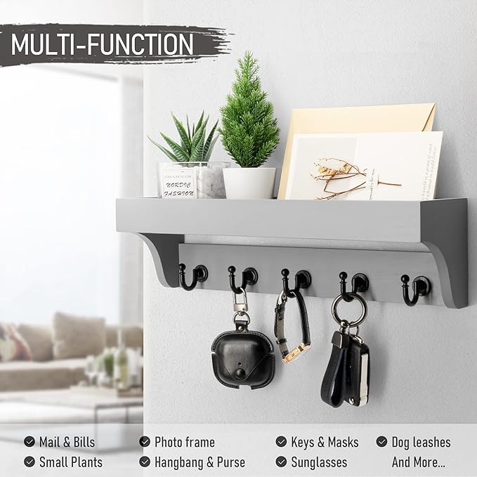 Rebee Vision Decorative Key Holder for Wall - Modern Farmhouse Wall Mount Mail Organizer Keys Hanger with Floating Shelf, 5 Rustic Key Hooks for Entryway Home Decor (Gray)