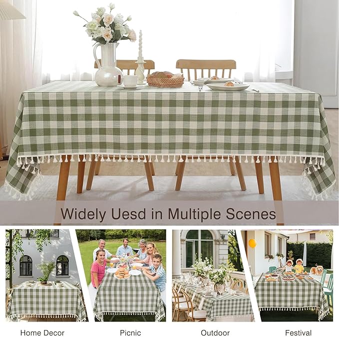 JIALE Spring Gingham Tablecloth Rectangle Cotton Linen Fabric Checkered Table Cloth with Tassel Washable Wrinkle Free Buffalo Plaid Table Cover for Outdoor Party Picnic Kitchen Dining, Green, 55x90