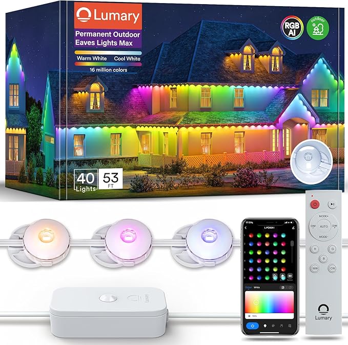 Lumary Permanent Outdoor Lights Max 53ft with 40 LED Eave Lights RGBAICW 2400LM, IP67 Waterproof, IC Control and Scene Modes for Halloween Christmas Decoration, Works with Alexa and Google Assistant